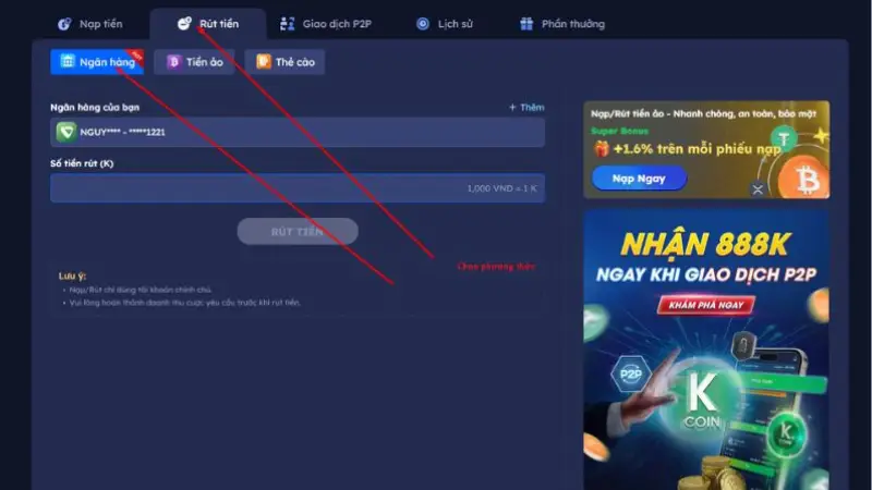 Tại mục tài khoản cá nhân, bạn chọn tính năng “Rút tiền” trên thanh công cụ